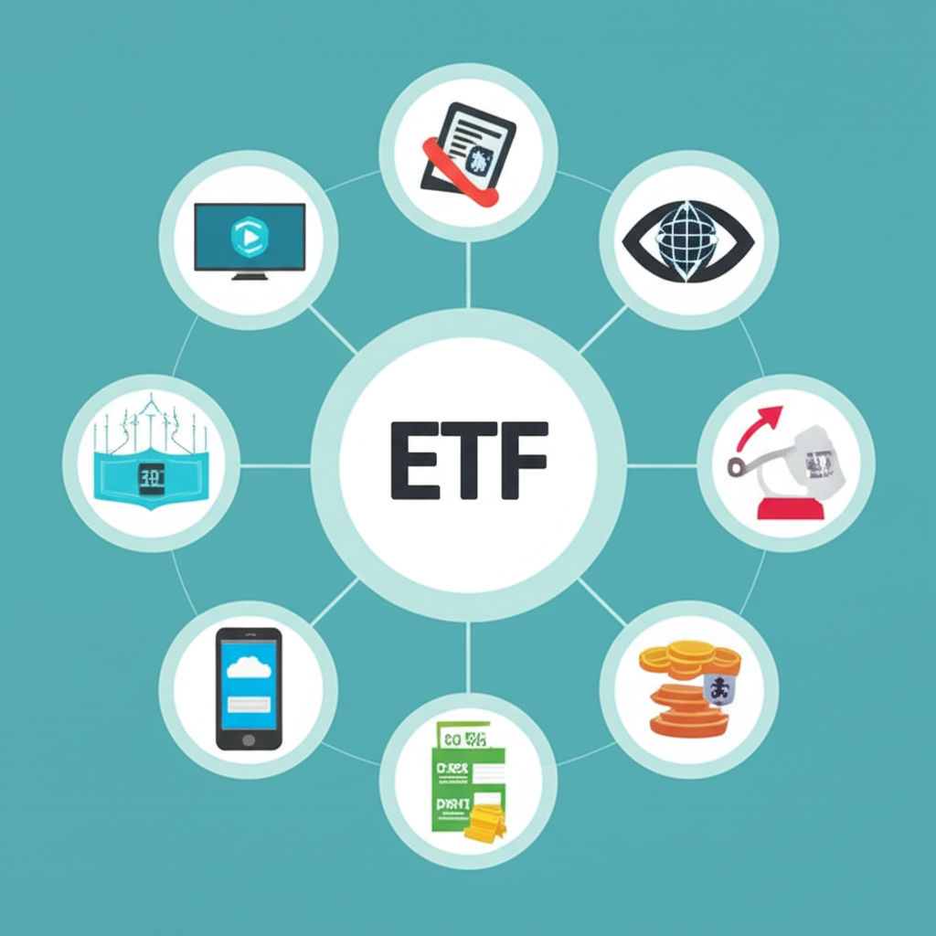 一張動態資訊圖表，展示ETF成分股調整的概念，中心為標示「ETF成分股」的圓形圖，股票代碼輪動並有箭頭指示增減，強調定期調整與策略選擇。