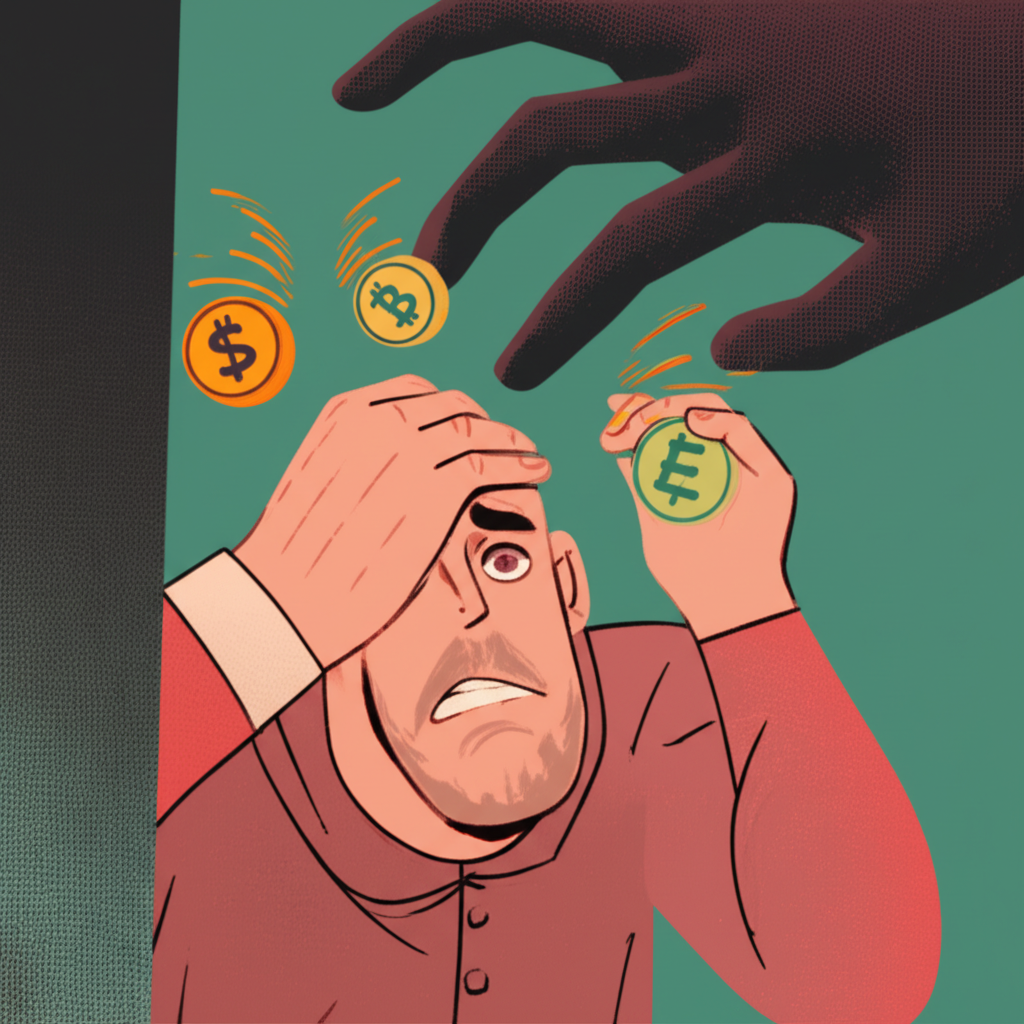 一個人看起來沮喪且不知所措，周圍散落著財務文件、一個空錢包，以及一台顯示「詐騙警示」或「帳戶已空」訊息的筆記型電腦，象徵著嚴重的財務與情感損失。