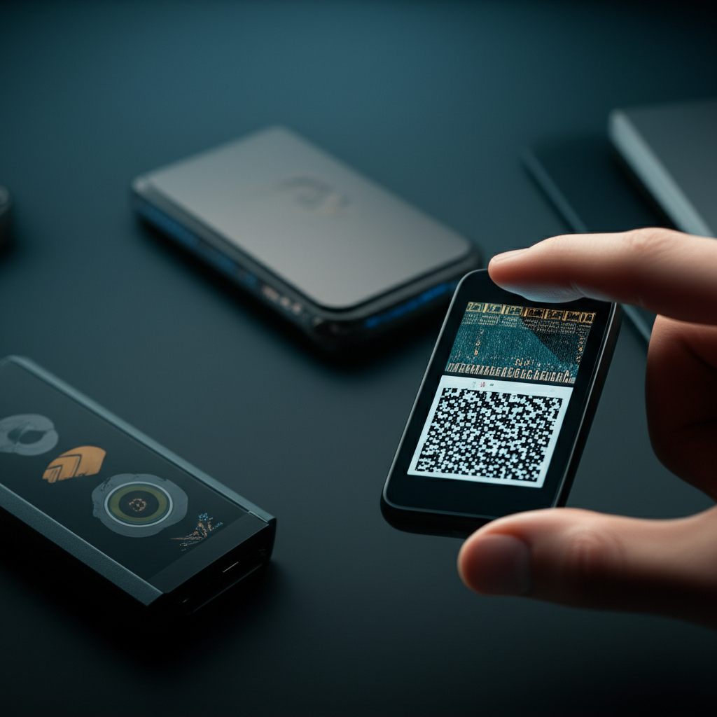 一個人手持 Ledger Nano S 硬體錢包，透過筆記型電腦進行互動。螢幕上顯示著加密貨幣餘額和交易選項。著重於使用者互動和實體裝置。