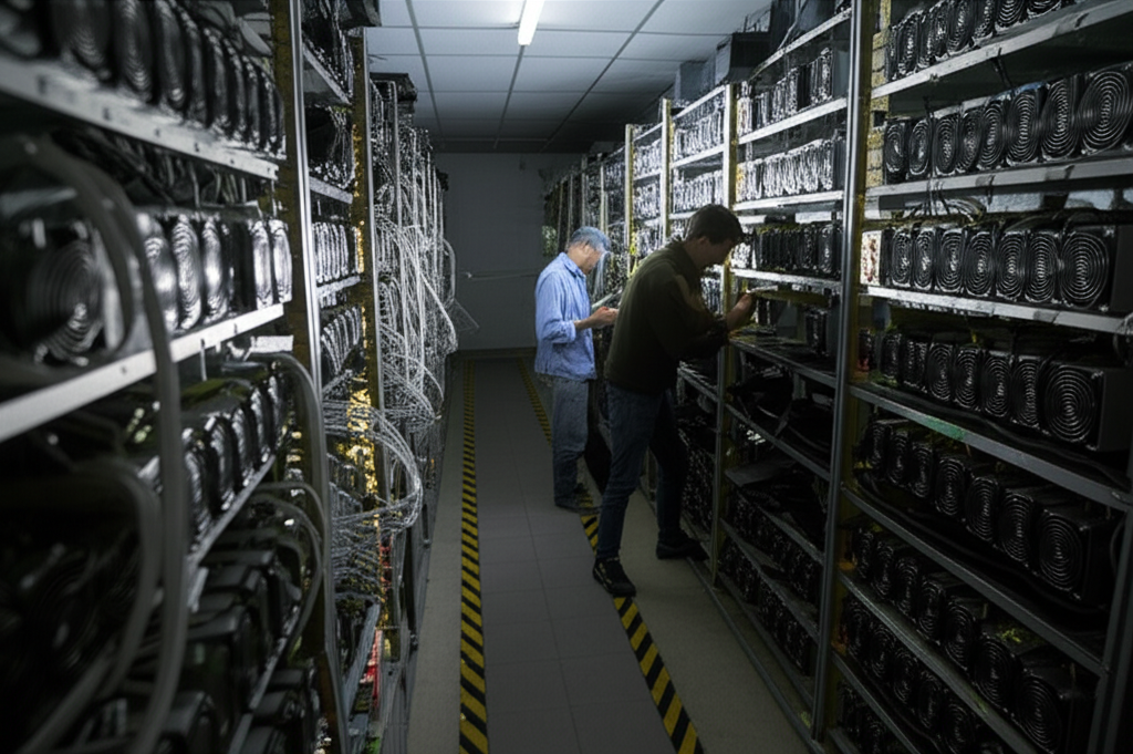一張加密貨幣礦場的插圖，展示多排閃爍藍光的 ASIC 礦機高效運作。