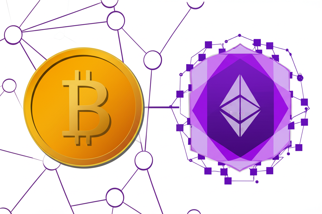 比特幣與以太坊的圖示對比，展現兩大主流加密貨幣的不同特質