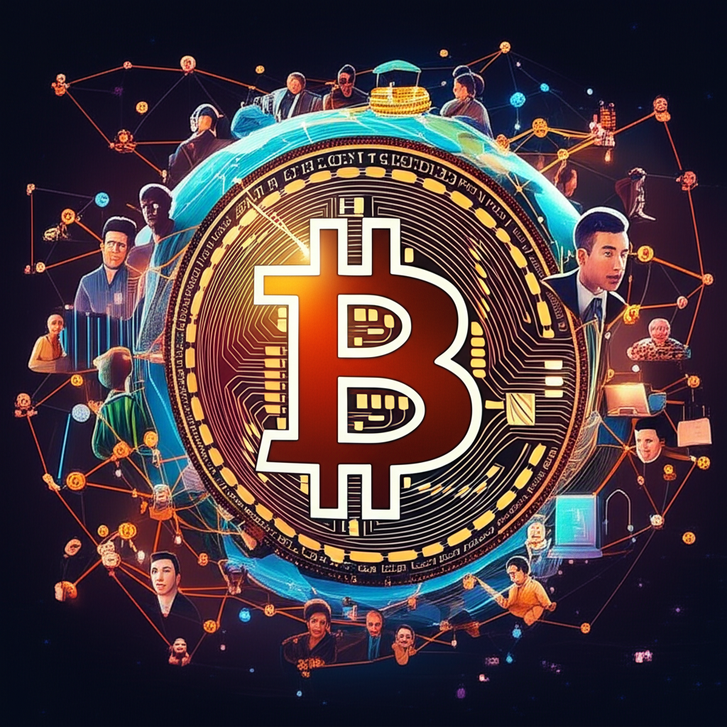 象徵比特幣全球影響力的插圖，中心為發光的比特幣圖示，周圍連結世界各地的投資者與機構