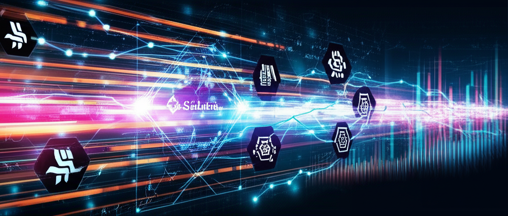 Solana 區塊鏈網路圖解,展示高速數據流、低手續費與DApp、NFT生態的蓬勃發展,背景為市場走勢與投資者對未來價格目標的關注