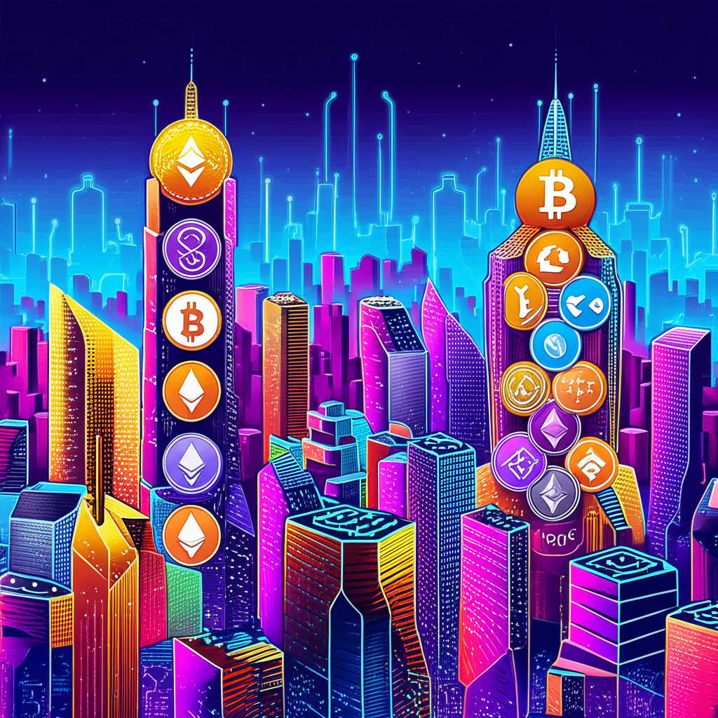由BTC、ETH、BNB、SOL等加密貨幣標誌堆疊成的未來城市天際線，比特幣與以太坊的塔樓突出於前景，風格數位且鮮豔
