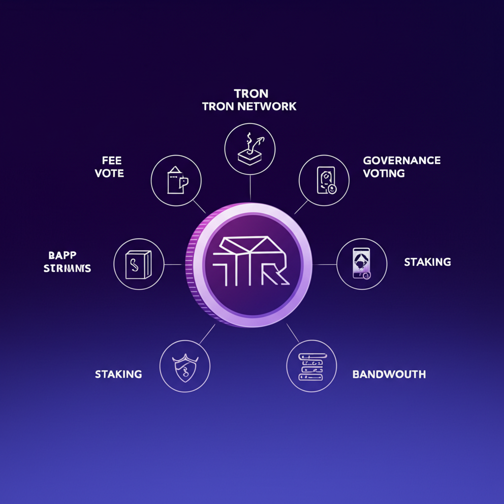 TRX幣作為波場生態燃料的應用場景示意圖，涵蓋支付、投票、質押與DApp交易